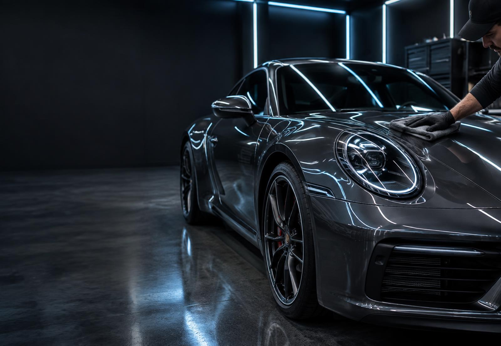 A detailer polishing a sports car in a modern automotive studio